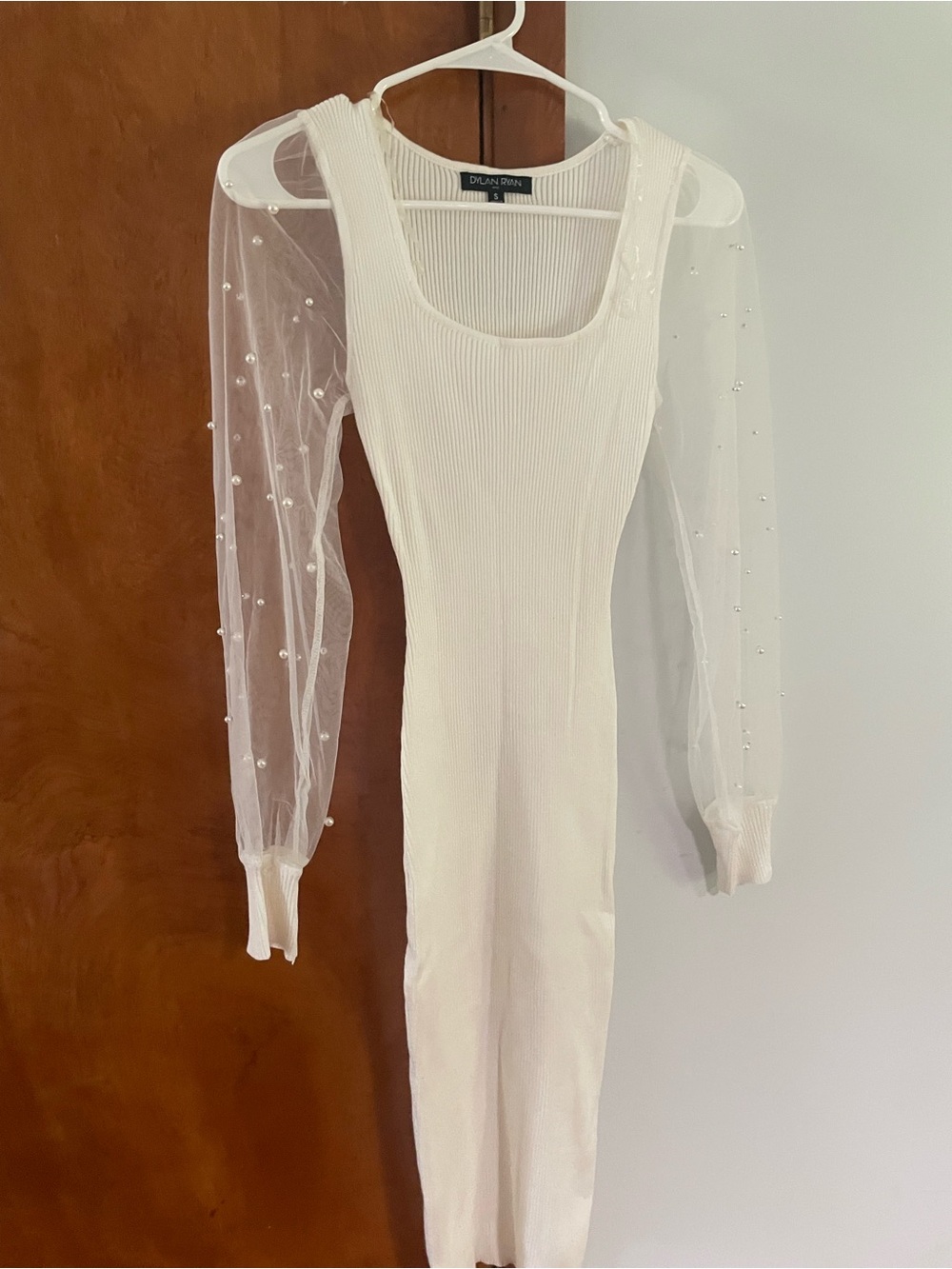 Dylan Ryan White Ribbed Dress with Sheer Pearl-Embellished Sleeves